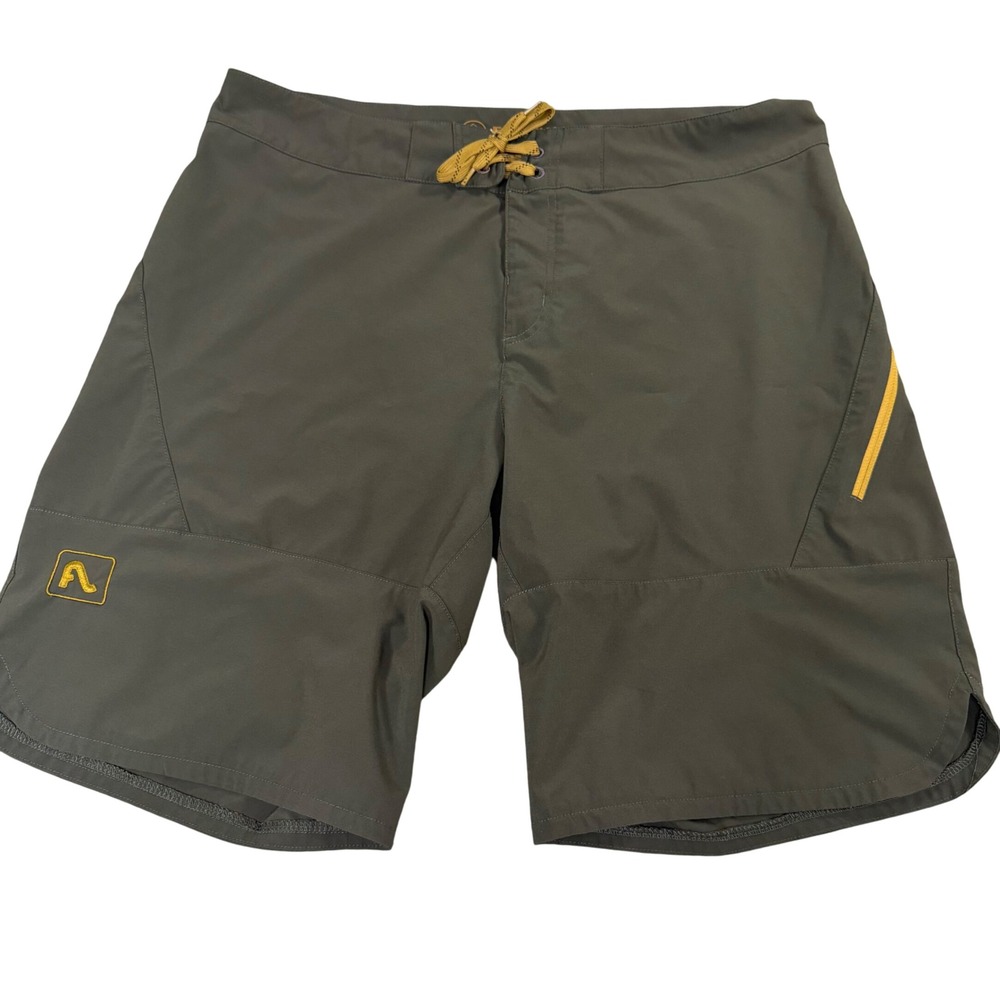 Flylow Mens Board Shorts Olive Green Mustard Lace Up Side Zip Size 34-35